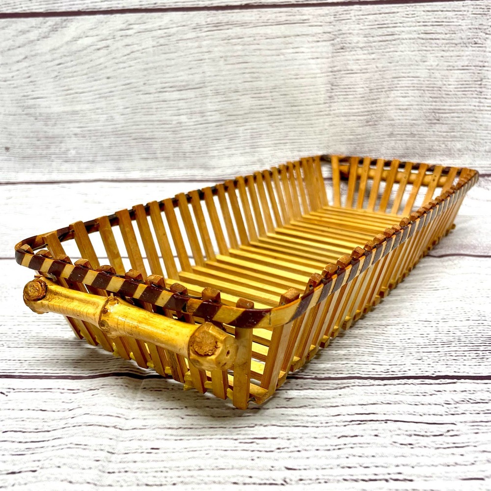 VTG Bamboo Wood Slat Rectangular Basket Tray Fruit Storage 14" Long x6" Wide